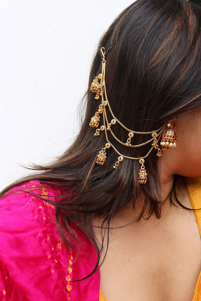 Buy Tribe Amrapali Silver Gold Plated Lotus Moon Jhumki Hair Chain Earrings  Online